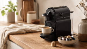 Nespresso Inissia review showing a compact capsule machine brewing fresh Espresso