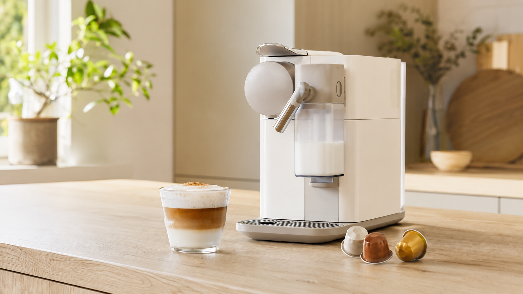 Nespresso Lattissima One review-style machine with cappuccino on a modern kitchen counter