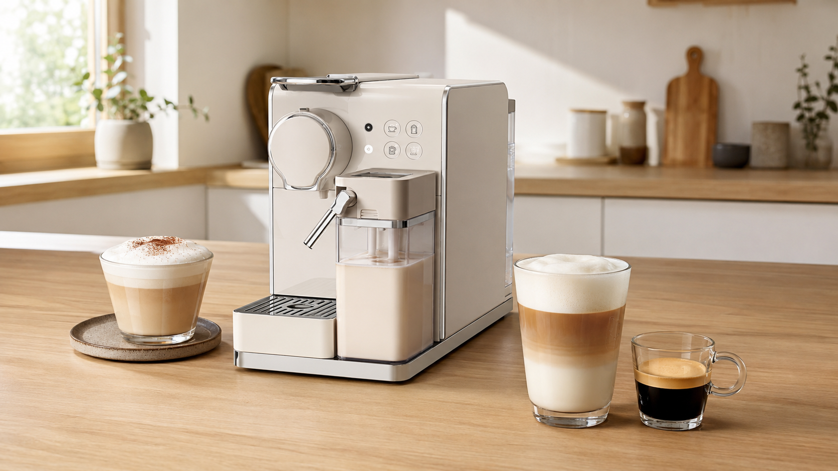 Nespresso Lattissima Touch review featuring the machine with cappuccino, latte macchiato, and espresso