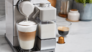 Nespresso Lattissima Touch review showing the automatic milk carafe dispensing foam into a layered latte