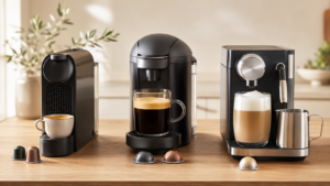 Nespresso machines for espresso, large coffee, and latte preparation
