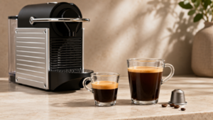 Nespresso Pixie preparing espresso beside a lungo coffee
