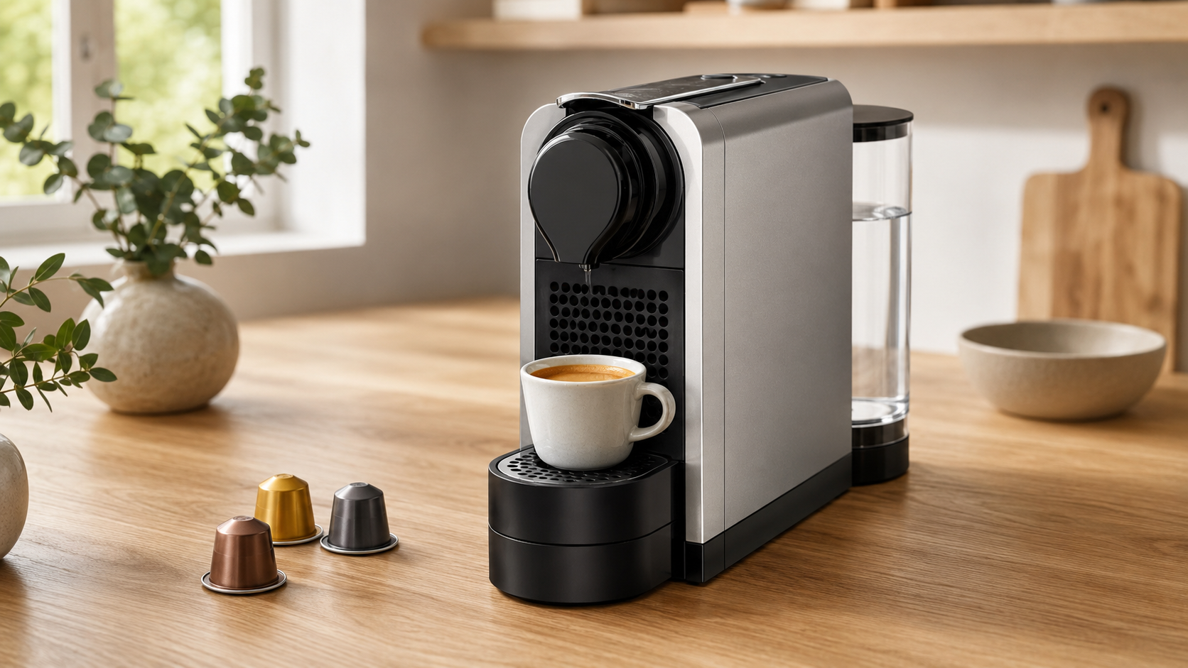 Nespresso Prodigio review featuring a slim Original capsule coffee machine and espresso cup