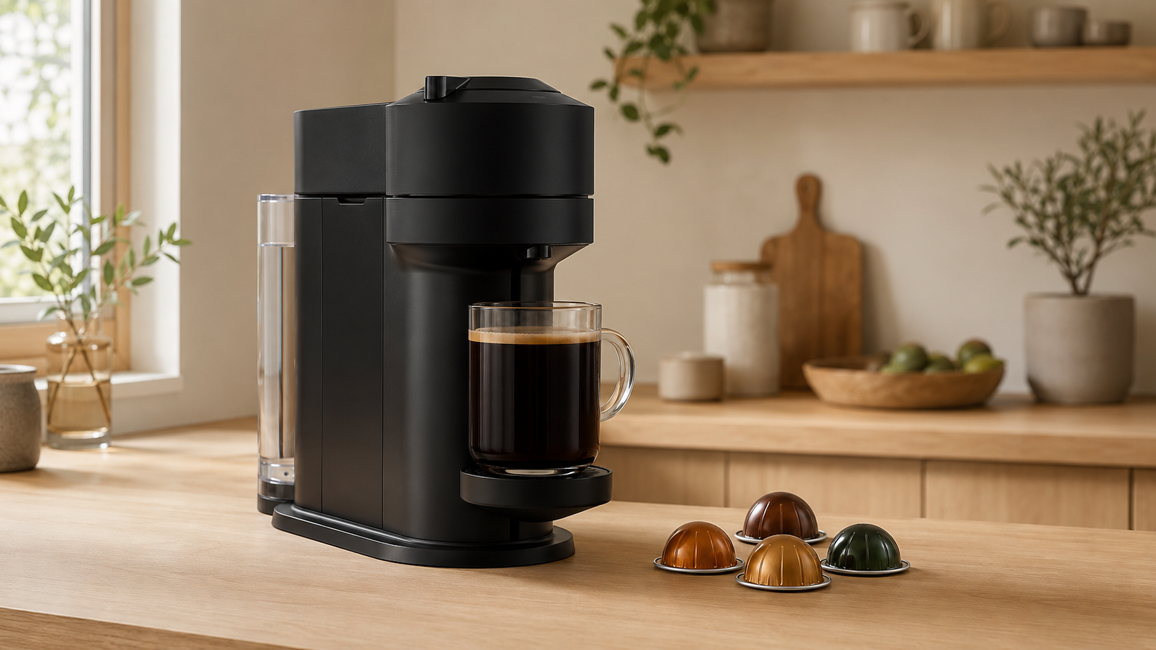Nespresso Vertuo Next review showing a slim Vertuo capsule coffee machine
