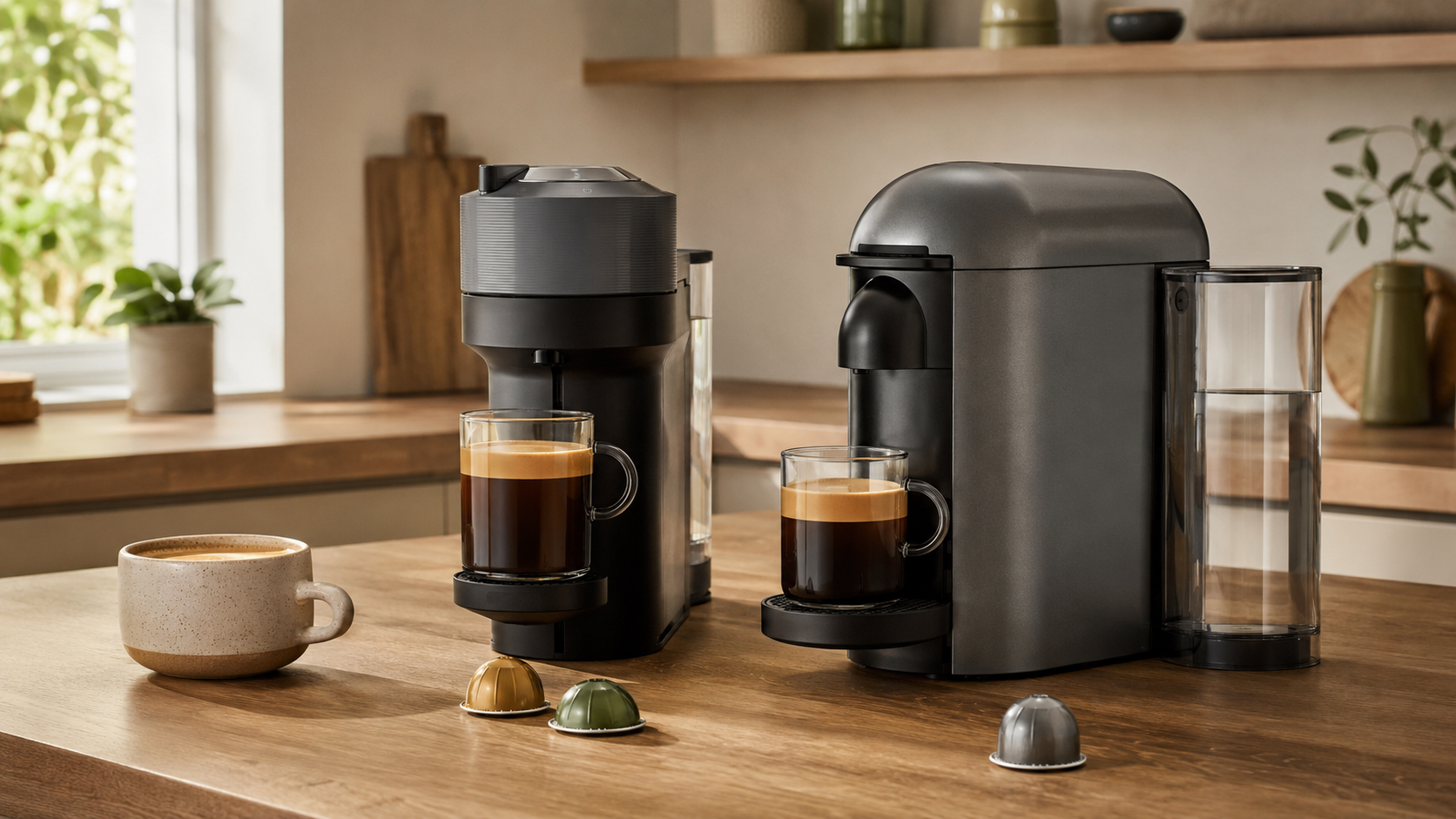 Nespresso Vertuo Next vs VertuoPlus coffee machines compared on a modern kitchen countertop