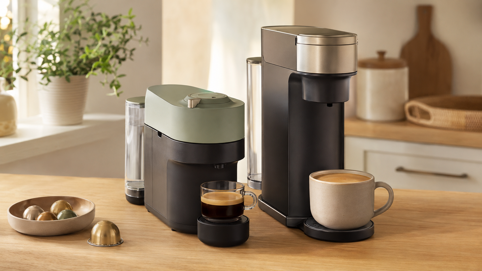 Nespresso Vertuo Pop vs Vertuo Next coffee machines compared on a modern kitchen countertop