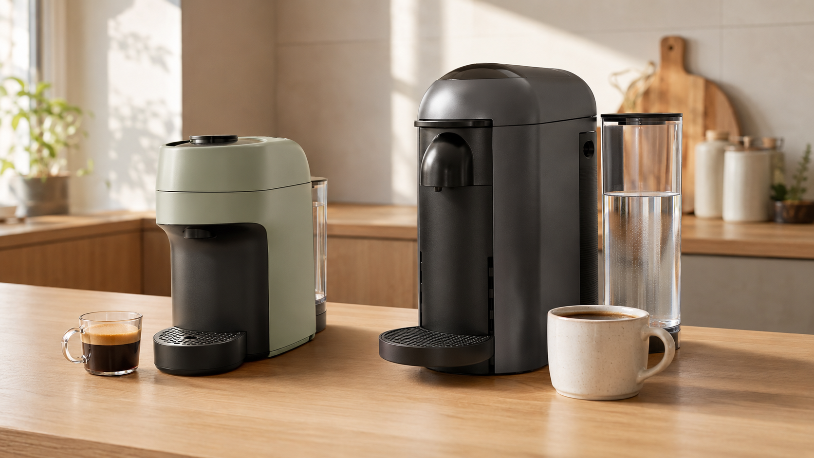 Nespresso Vertuo Pop vs VertuoPlus coffee machines compared on a modern kitchen countertop