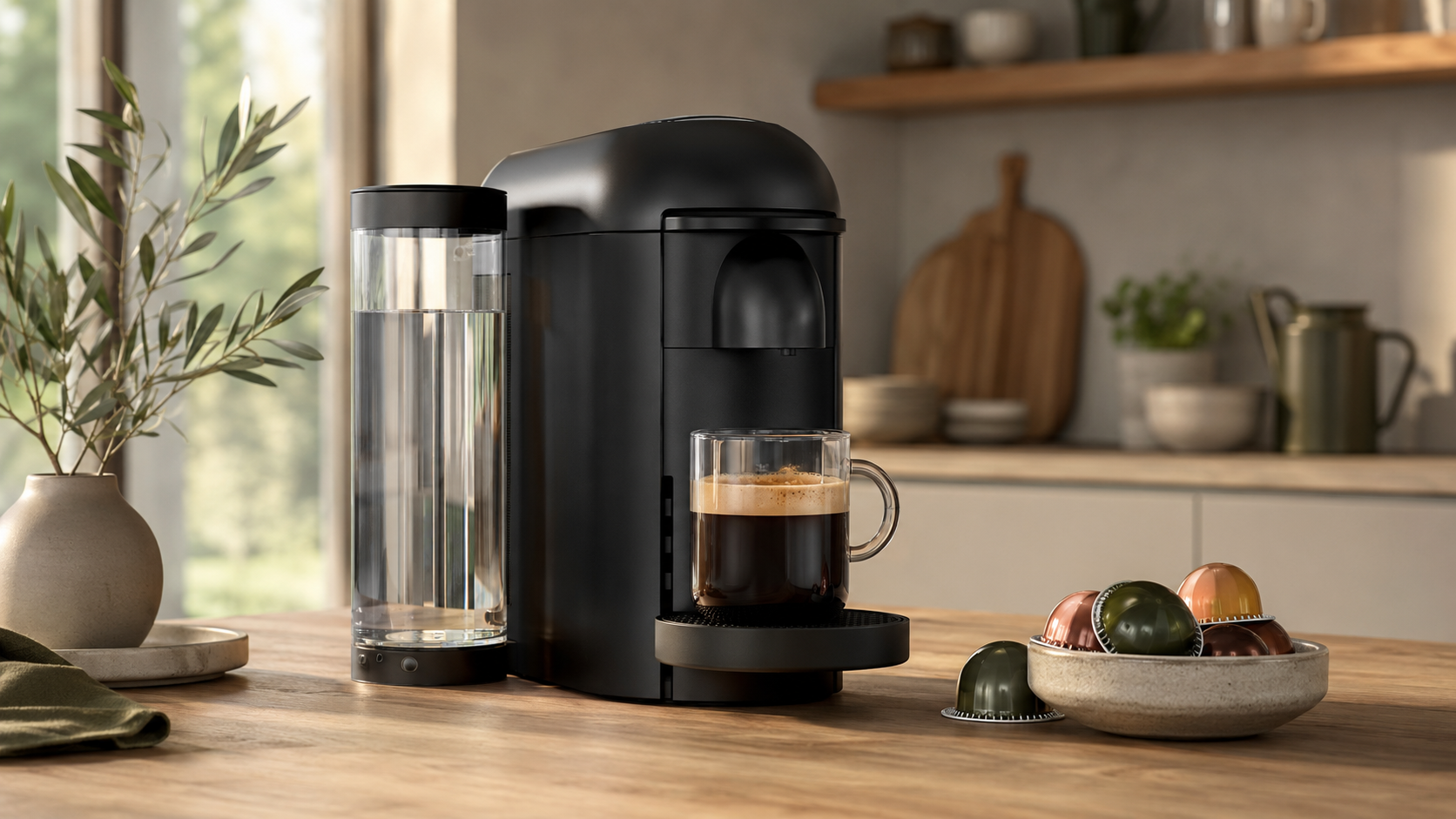 Nespresso VertuoPlus review showing a modern Vertuo capsule coffee machine