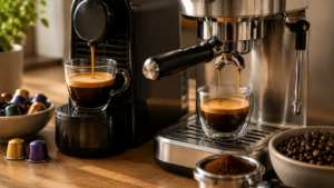 Nespresso vs espresso machine showing capsule coffee and traditional espresso extraction