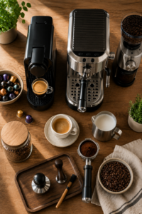 Nespresso vs espresso machine with home coffee setup and brewing accessories
