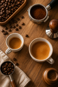 Single shot vs double espresso comparison with coffee tools