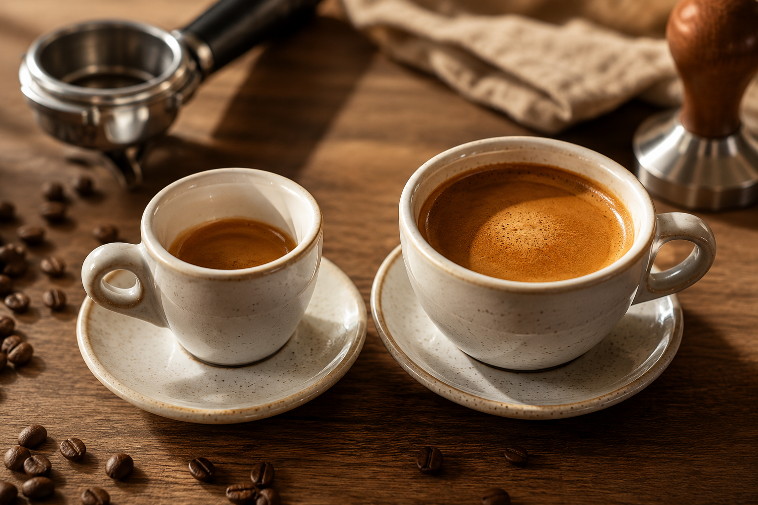 Single shot vs double espresso showing differences in espresso volume and crema