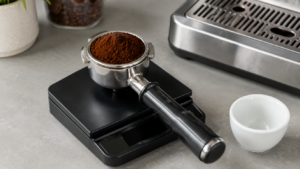 Weighing the coffee dose to brew better espresso at home