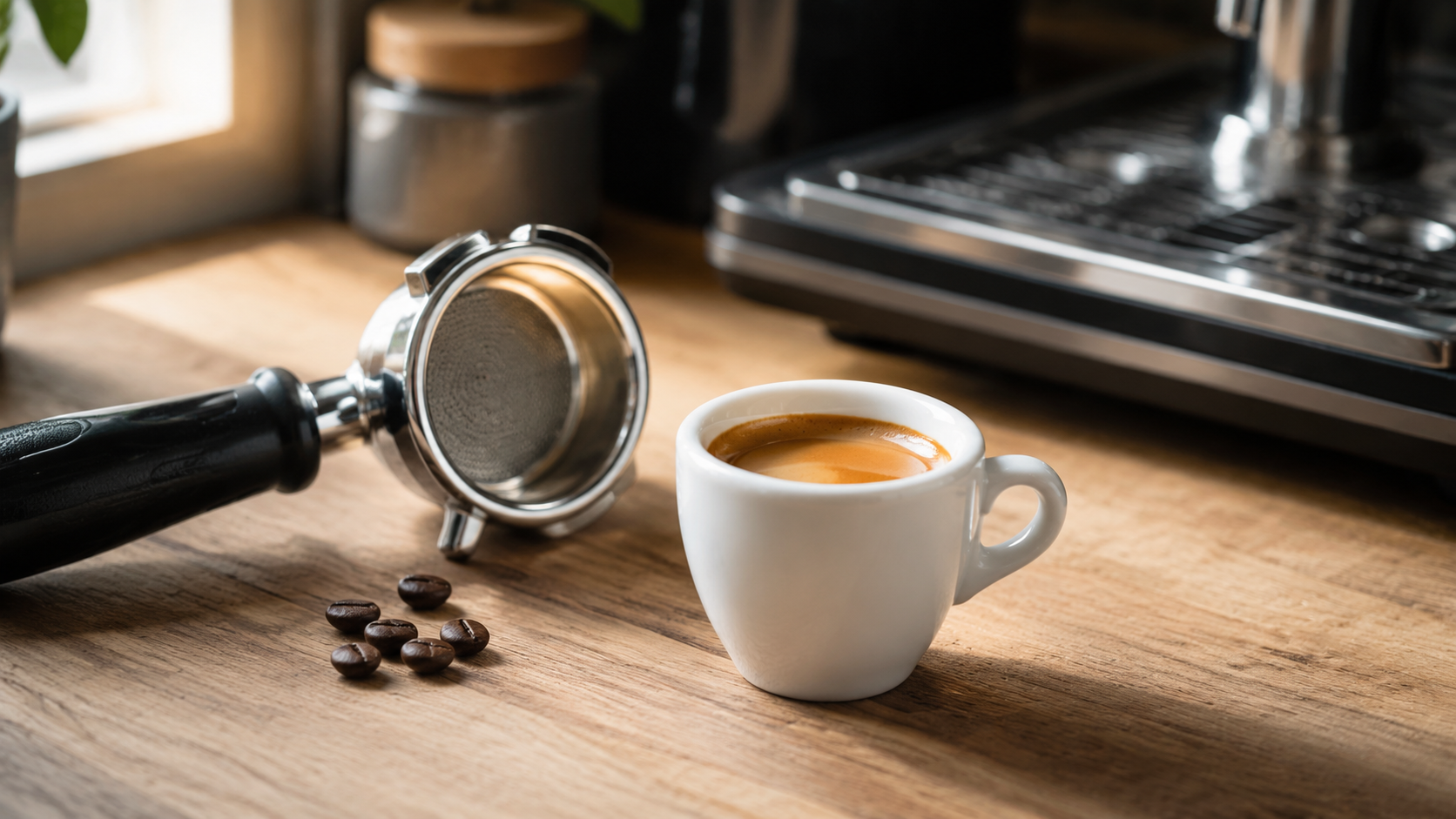 Fresh espresso with golden crema beside a portafilter