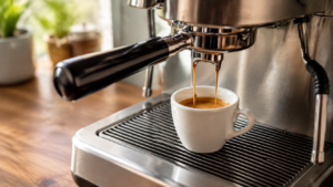 Espresso extracting into a white cup with golden crema