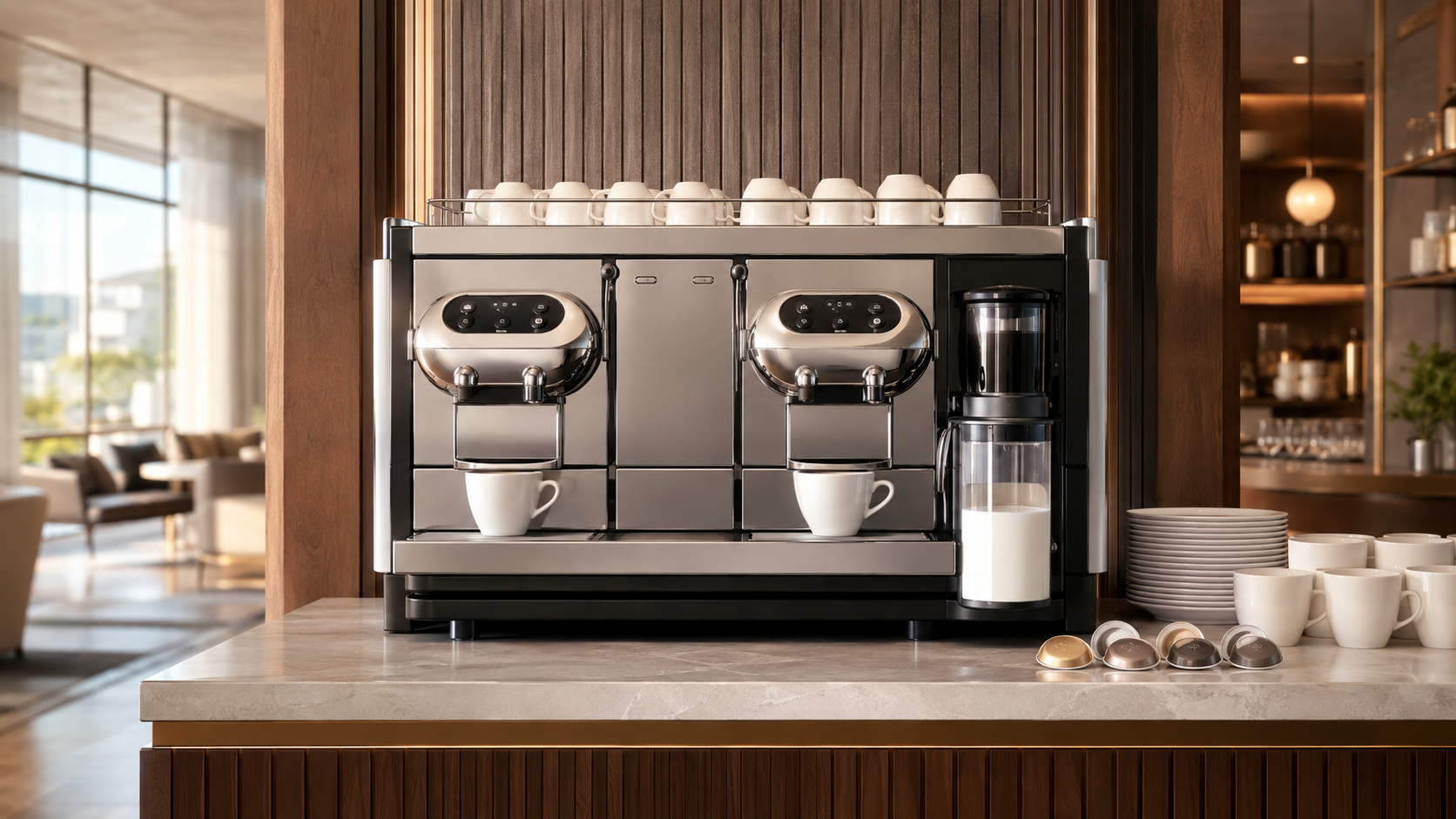 Nespresso Aguila 220 review commercial coffee machine in a premium hotel lounge