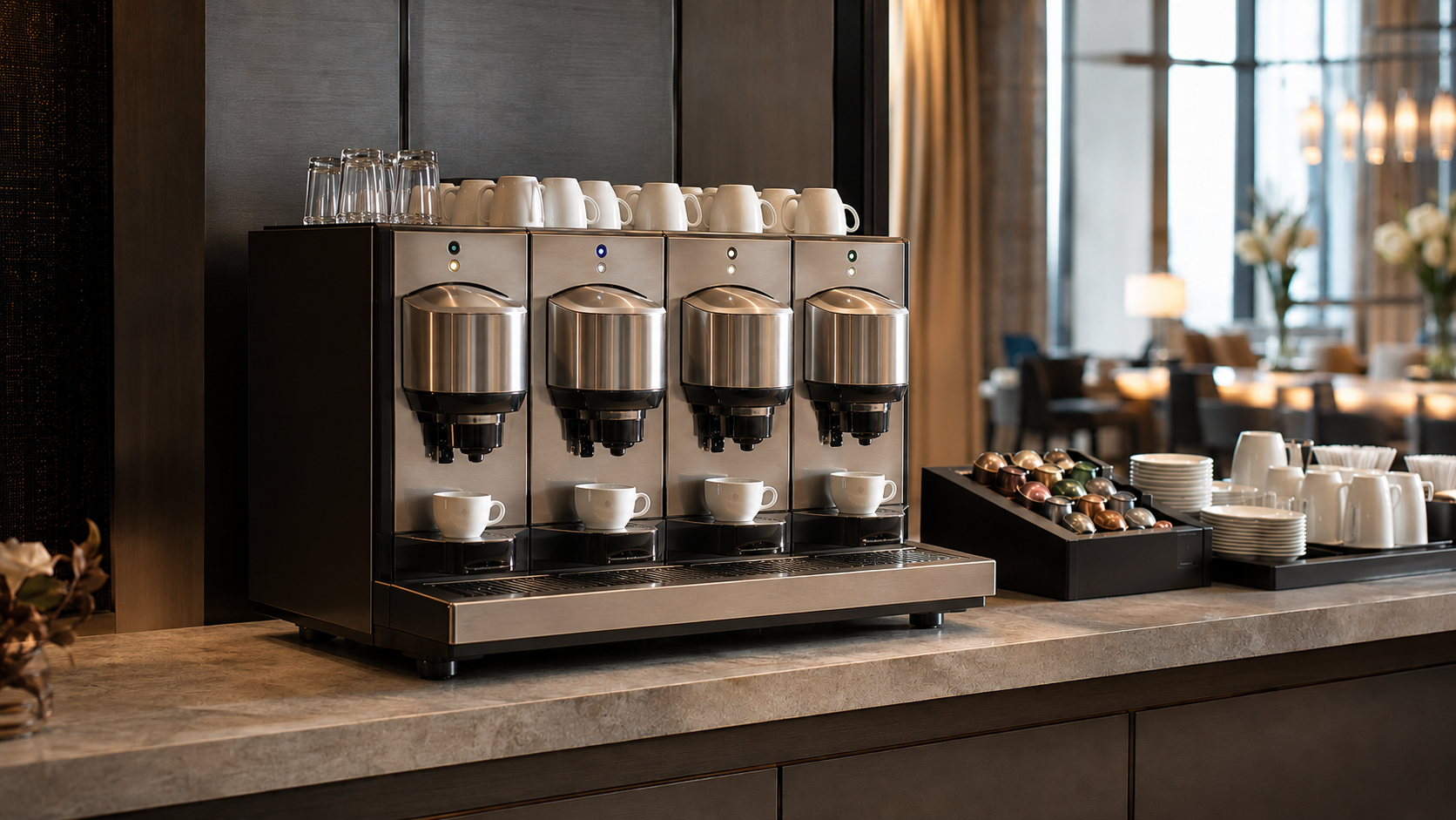 Nespresso Aguila 420 review featuring a four-head commercial coffee machine in a premium hotel