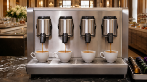 Nespresso Aguila 420 review showing four coffees brewing simultaneously from four extraction heads
