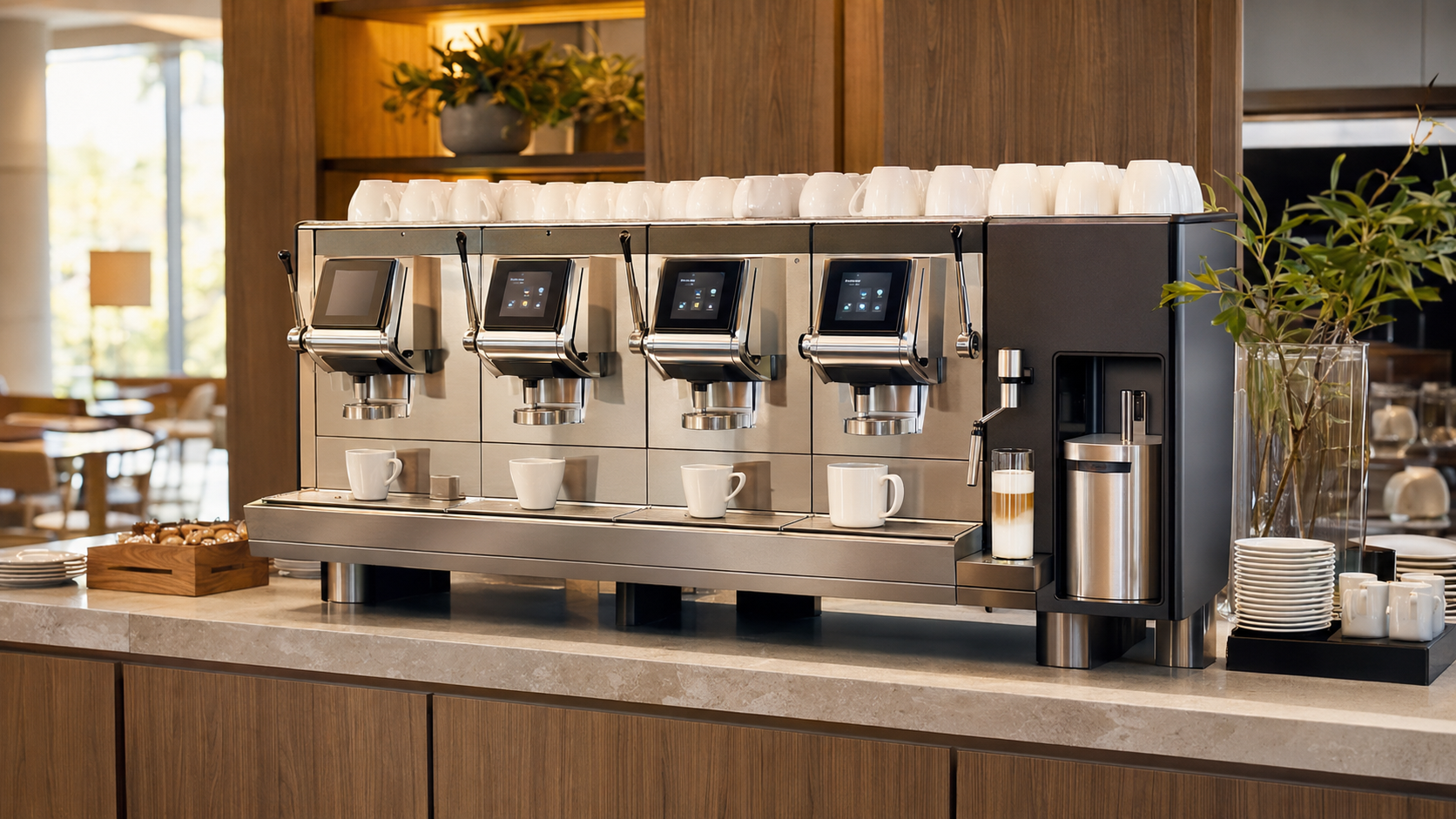 Nespresso Aguila 440 review featuring a four-head commercial coffee machine with automated fresh-milk beverages