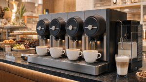 Nespresso Aguila 440 review showing four-head coffee extraction during busy commercial service