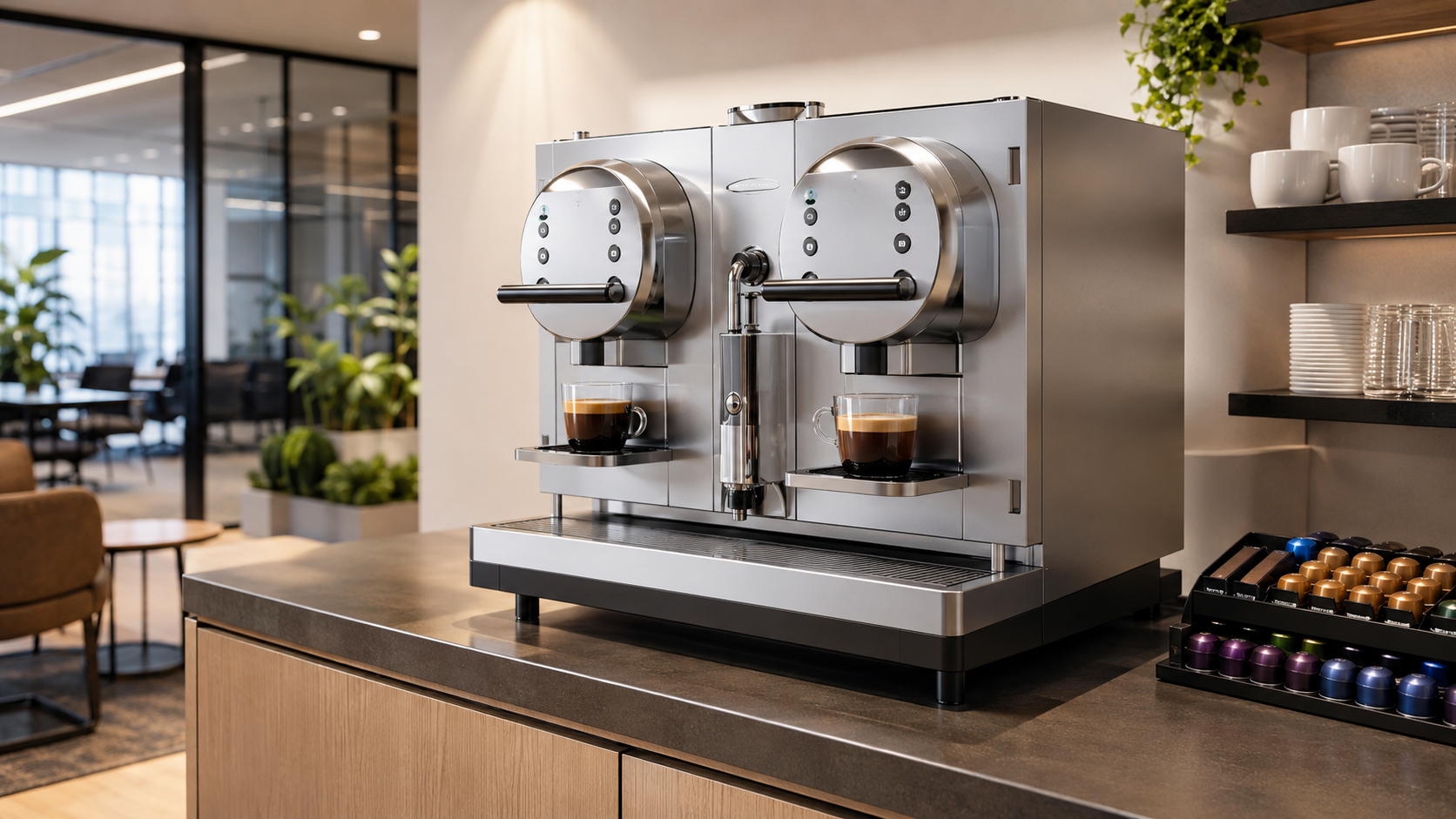 Nespresso Gemini CS 223 Pro review featuring a dual-head commercial coffee machine in a modern office