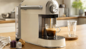 Nespresso KitchenAid review showing the six-volume dial and espresso extraction