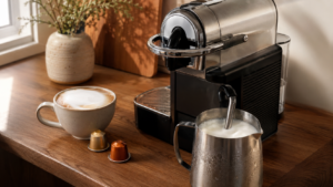 Nespresso Maestria review showing the manual steam wand frothing milk