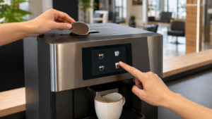 Nespresso Momento 100 review showing touchscreen operation and Professional capsule recognition