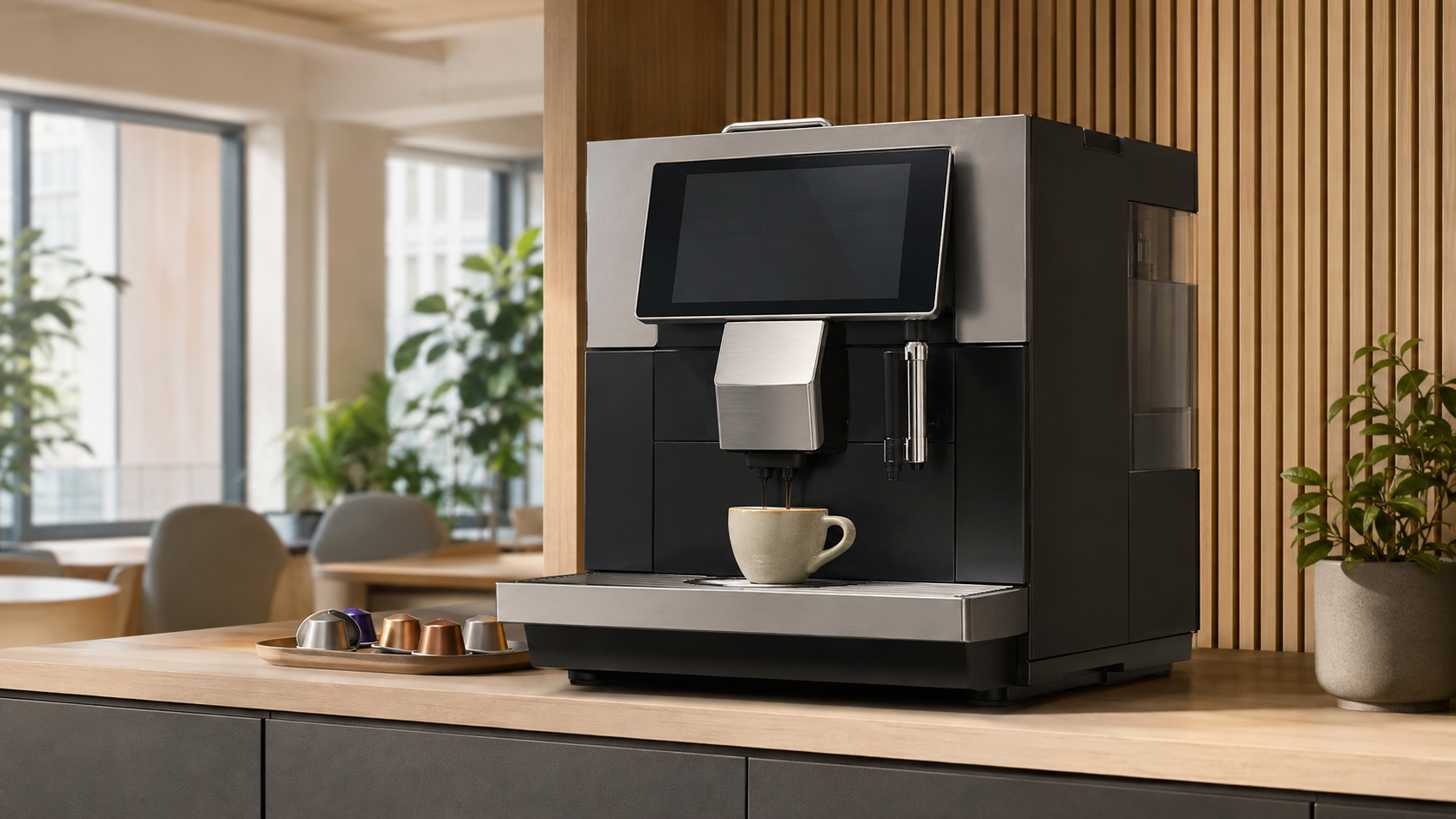 Nespresso Momento 100 review featuring a professional capsule coffee machine in a modern office