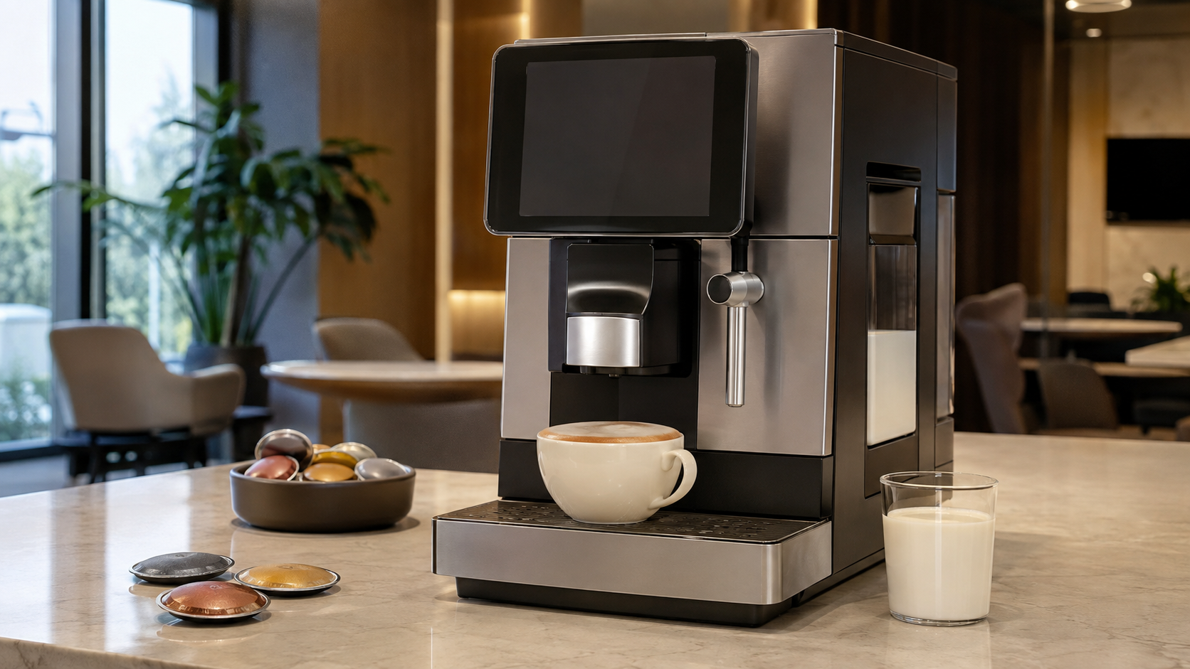 Nespresso Momento 120 review featuring a professional coffee and fresh-milk machine in a modern office
