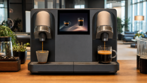 Nespresso Momento 200 review showing two black coffees brewing simultaneously