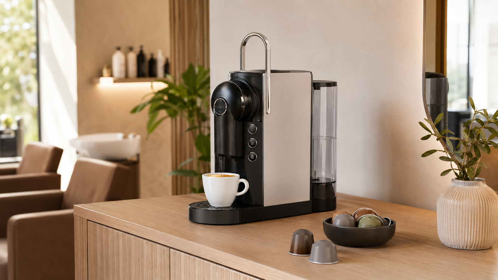 Nespresso Zenius review featuring a professional capsule coffee machine in a modern workplace